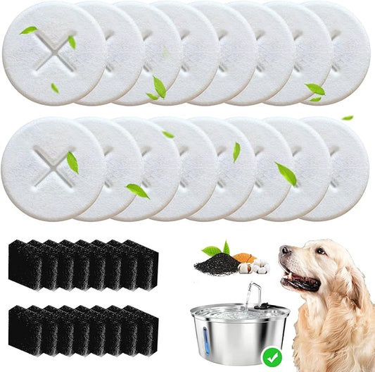 16+16 Pack Replacement Filters for Pawccoli 7L/1.8Gal Dog Water Fountain Stainless Steel, Includes 16 Filters & 16 Sponges