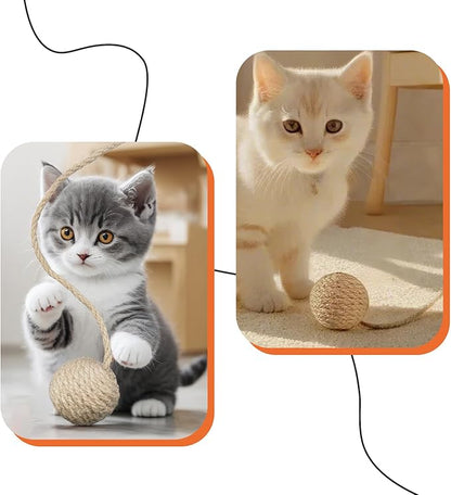 2 Inch Cat Toy Ball with 10 Inch Sisal Rope Wrapping & Quiet Bell - Natural Sisal Material for Endless Feline Fun