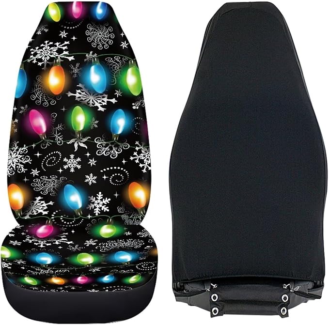 Christmas Lights Car Seat Covers Full Set of 2, Cloth Seat for Auto Front Seats, Black Bucket Seat Covers for Cars Washable and Breathable Car Accessories for Sedan Truck SUV