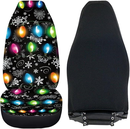 Christmas Lights Car Seat Covers Full Set of 2, Cloth Seat for Auto Front Seats, Black Bucket Seat Covers for Cars Washable and Breathable Car Accessories for Sedan Truck SUV