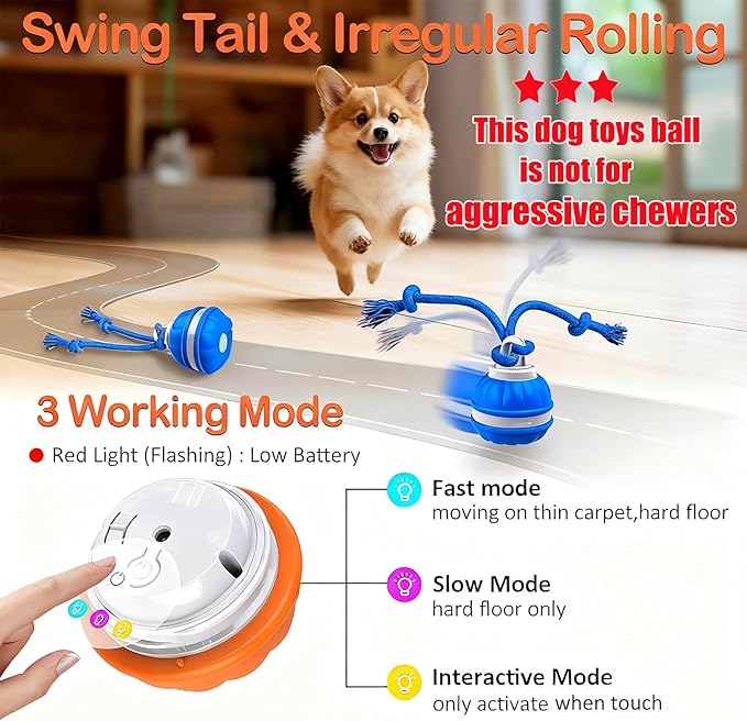 2pcs P06 Interactive Dog Toys Dog Balls, Electric Automatic Moving and Rolling Dog Toy with Rope for Small Medium Dogs, Fun Smart Puppy Toy s for Boredom & Training, Dog Toys to Keep Them Busy (B+O)