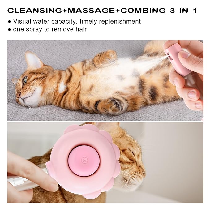 Cat Hair Brush for Shedding, 3-in-1 Pet Spray Hair Removal Comb with Visual Spray & Release Button, Waterproof Dog Grooming Brush for Furry Pet (Pink)