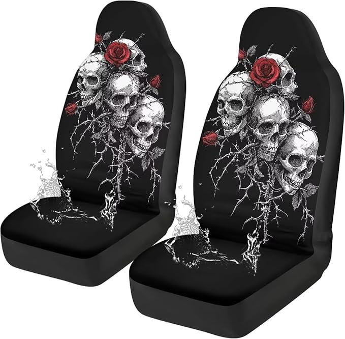 Skull Rose Car Seat Covers 2 Pcs Car Seat Covers Front Seats Only Waterproof Breathable Easy to Install Anti-Slip Back Fabric Universal Fit for Auto Truck Van SUV