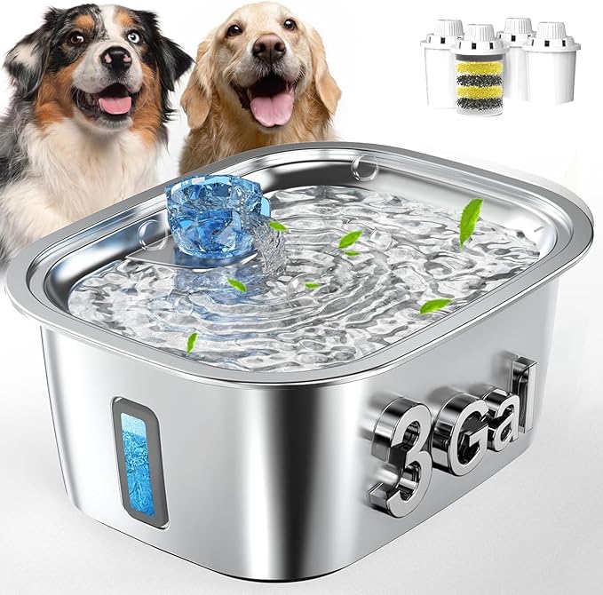PETNF 3-Gallon Stainless Steel Dog Water Fountain for Large Dogs, Dog Water Bowl Dispenser with 4 Filters, Visible Water Window, Quiet Pump & LED Low-Water Indicator