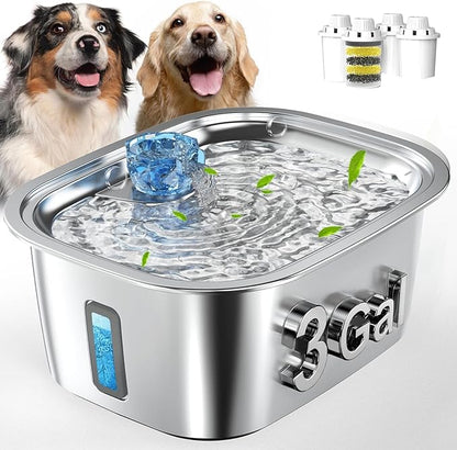 PETNF 3-Gallon Stainless Steel Dog Water Fountain for Large Dogs, Dog Water Bowl Dispenser with 4 Filters, Visible Water Window, Quiet Pump & LED Low-Water Indicator