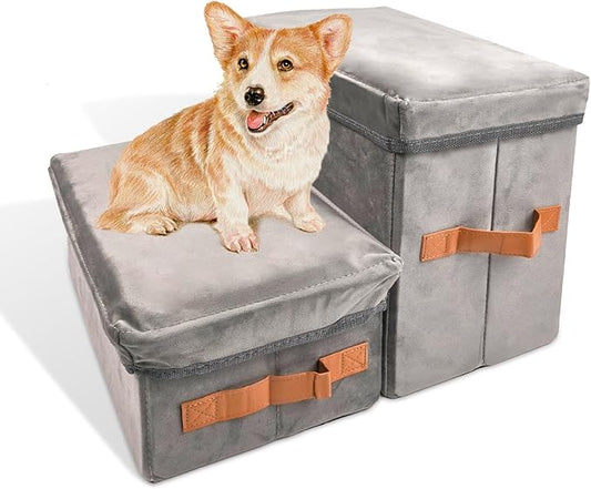 Dayard Dog Stairs with Storage, Foldable Dog Steps for Sofa High Beds, Portable Pet Storage Stepper for Small Pets Dogs Cats, 2 Steps Grey