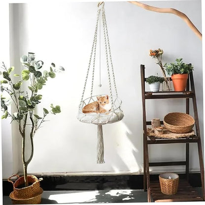 Macrame Cat Hammock with Tassel & Roped Ball, Boho Tilted Swing Bed for Indoor Cats/16x51 Inch