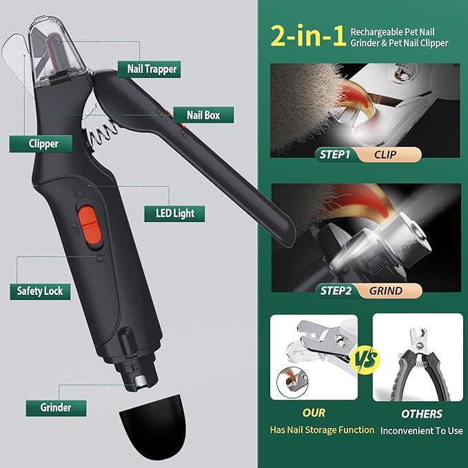 2-in-1 Cat Nail Clippers & Dog Nail Clippers Trimmers for Large Medium Small Dogs Cats Claw Trimmer Quick Sensor and Safety Guard USB Rechargeable with 2 LED Lights Dogs Nail Trimmer