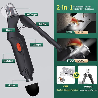 2-in-1 Cat Nail Clippers & Dog Nail Clippers Trimmers for Large Medium Small Dogs Cats Claw Trimmer Quick Sensor and Safety Guard USB Rechargeable with 2 LED Lights Dogs Nail Trimmer