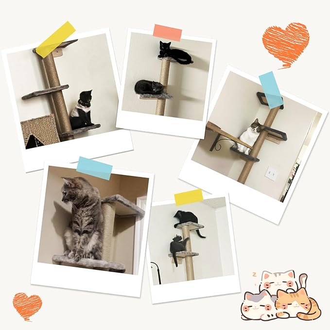 PAWSCRAT Wall-Mounted Cat Tree, 5 Tier Floor to Ceiling Cats Tower, 80 Inch Wall-Mounted Cat Scratching Post, Space Saving Cat Furniture and Easliy Climb for All Cats, Beige