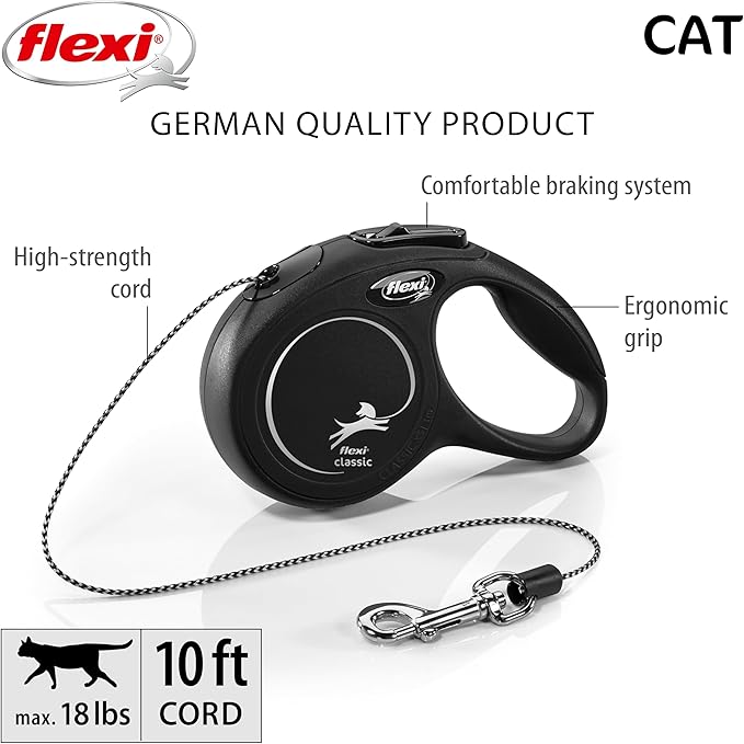 FLEXI New Classic Cord Retractable Cat Leash - X-Small – 10 ft., Black | Tangle-Free Pet Walking Leash with One-Handed Brake, Pause, Lock | German Quality Product