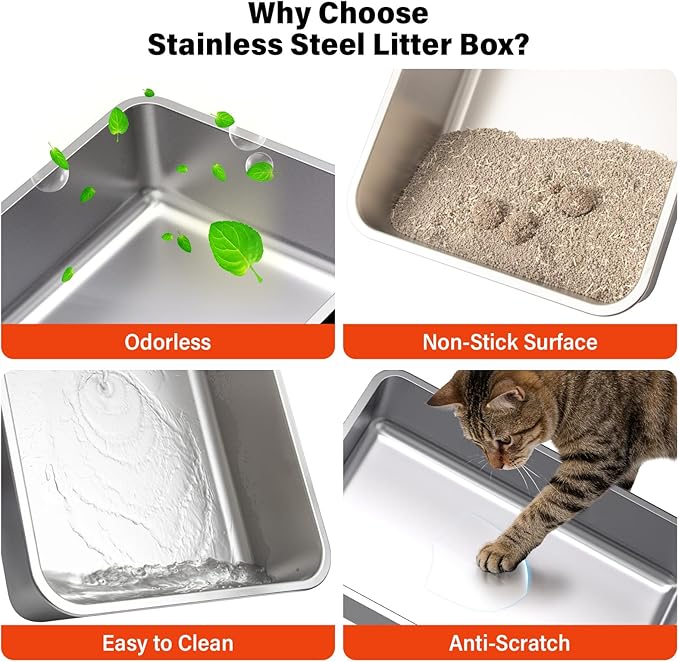 Stainless Steel Cat Litter Box with Lid,3IN1 Metal Litter Box High Sides for Big/Multiple Cats,Indoor,1-Mat and 1-Scoop,Easy to Clean, No Odor,Anti-Urine Leakage