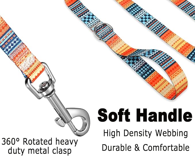 Dog Collar and Leash Set with Bohemia Floral Tribal Geometric Patterns - Soft Ethnic Style Collar Adjustable for Small Medium Large Dogs(Bohemian Orange Set,XS)