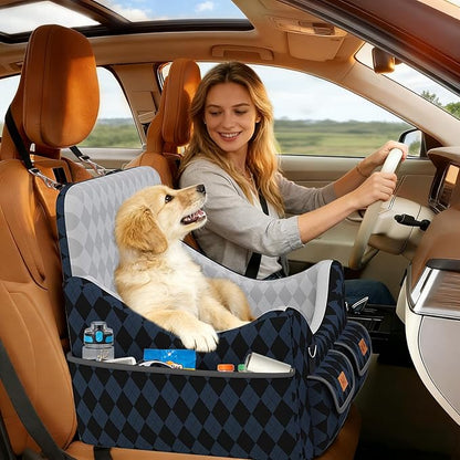 Dog Car Seat for Small/Medium Dogs up to 35lbs, 4-Pocket Storage Memory Foam Dog Booster Seat, Detachable Washable Pet Car Seat with Safety Belt, Outdoor & Indoor Use (Dark Blue/Black)