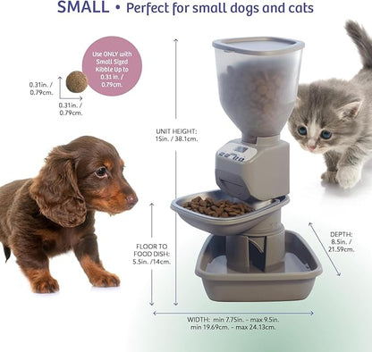 Feeding Friend® Automatic Dog & Cat Food Feeder with Water Dispenser –Smart Pet Feeder with Portion Control, OLED Display, Anti Jam Design, Battery Operated Dispenser for Small - (XS) Pets 4-15 Taupe