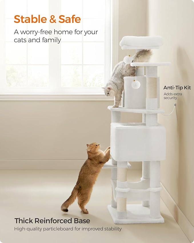 Feandrea Cat Tree, 59.5-Inch Tall Cat Tower, Plush Multi-Level Condo with 5 Scratching Posts, 2 Perches, 2 Caves, Hammock, 2 Pompoms, Cream White UPCT192T01