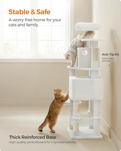 Feandrea Cat Tree, 59.5-Inch Tall Cat Tower, Plush Multi-Level Condo with 5 Scratching Posts, 2 Perches, 2 Caves, Hammock, 2 Pompoms, Cream White UPCT192T01