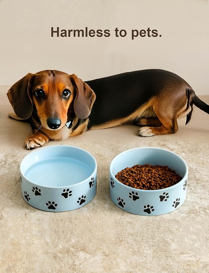 6.5 Inch Blue Ceramic Dog Bowl with Paw Print Pattern - Porcelain Wide Mouth Dog Food or Water Bowls, Large Feeding Pet Bowls for Indoor Medium Sized Dogs, for Wet or Dry Food