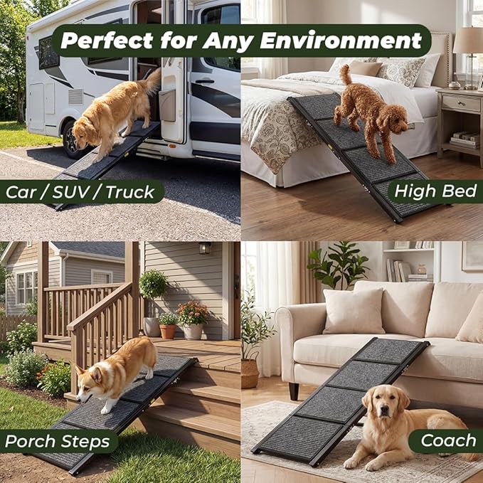 Dog Ramp for Car Travel Bundle – 63” Foldable Non-Slip Dog Ramp + Waterproof Back Seat Cover + 15 Poop Bags – Complete Pet Travel Set for SUV, Truck & Car – Safe Access, Clean Seats, Easy Trips