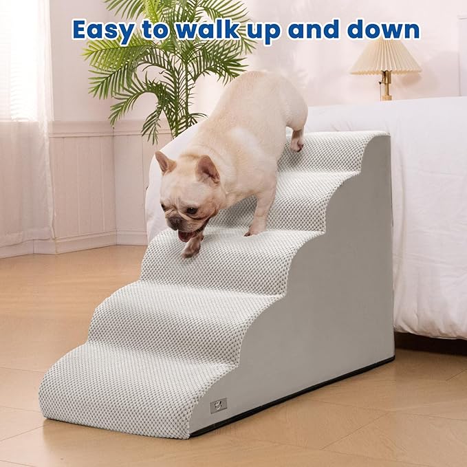 5 Step Dog Stairs for High Bed – Pet Steps for Small Dogs, Non-Slip Dog Ramp with Washable Cover, Pet Ladder for High Beds,Light Grey