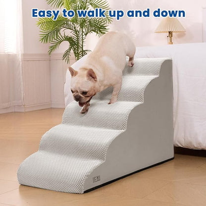 5 Step Dog Stairs for High Bed – Pet Steps for Small Dogs, Non-Slip Dog Ramp with Washable Cover, Pet Ladder for High Beds,Light Grey