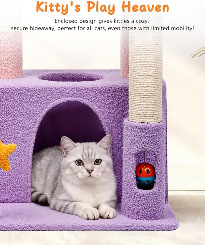 31" Cute Cat Tower for Indoor Kittens with Cat Condo, Plush Platform, Hammock, Sisal Scratching Posts, Dangling Ball, Tall Cat Tree Tower with Self-Grooming Brush (Moonlit Violet)