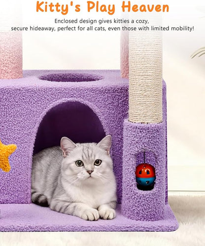 31" Cute Cat Tower for Indoor Kittens with Cat Condo, Plush Platform, Hammock, Sisal Scratching Posts, Dangling Ball, Tall Cat Tree Tower with Self-Grooming Brush (Moonlit Violet)
