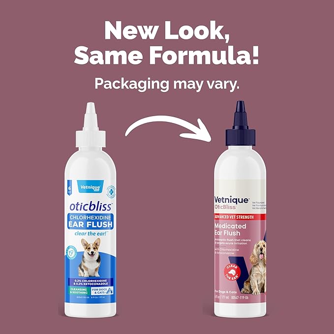 Vetnique Oticbliss Advanced Strength Dog Ear Infection Treatment Flush, Antiseptic Cat & Dog Ear Cleaner Solution Medicated with Chlorhexidine & Ketoconazole Helps with Ear Yeast (6oz Flush)