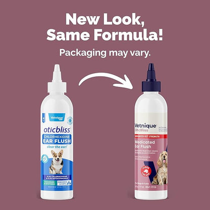 Vetnique Oticbliss Advanced Strength Dog Ear Infection Treatment Flush, Antiseptic Cat & Dog Ear Cleaner Solution Medicated with Chlorhexidine & Ketoconazole Helps with Ear Yeast (6oz Flush)