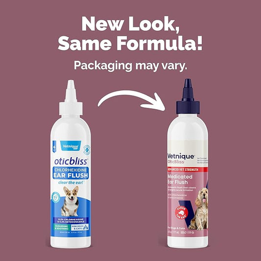 Vetnique Oticbliss Advanced Strength Dog Ear Infection Treatment Flush, Antiseptic Cat & Dog Ear Cleaner Solution Medicated with Chlorhexidine & Ketoconazole Helps with Ear Yeast (6oz Flush)