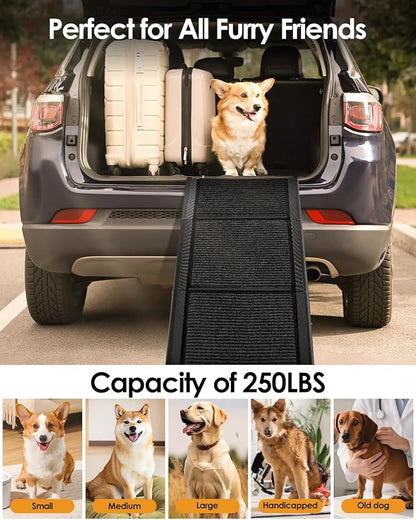 Folding Dog Ramp for Car SUV Truck, 17.3" x 63" Portable Pet Ramp for Large Dogs, Lightweight Non-Slip Dog Car Ramp, Sturdy Dog Ramp for Cars and High Beds, Easy to Carry and Store