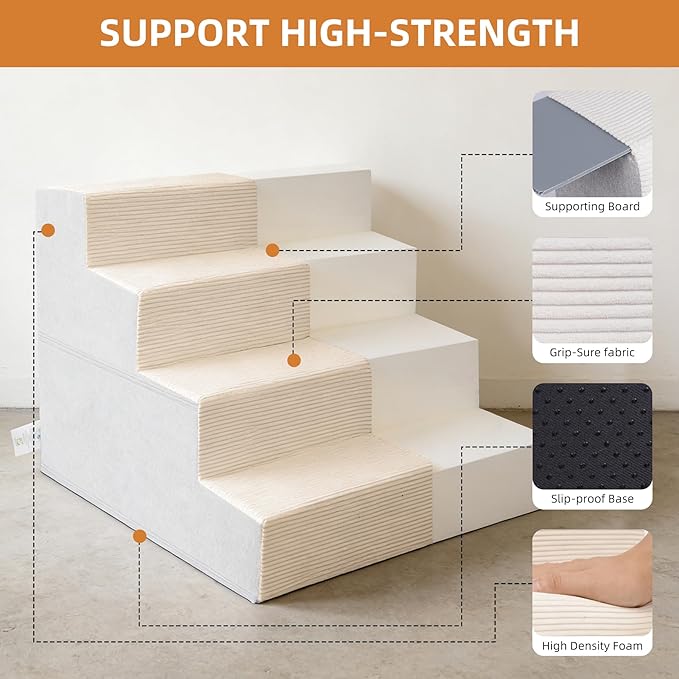 Dog Stairs for Small Dogs, 18" H, 4-Step Pet Steps for High Beds or Couches, Non-Slip Balanced Pet Ramp for Medium Cats,Indoor Dog Ladder, Beige
