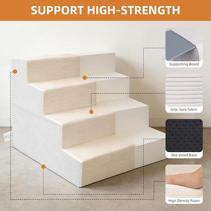 Dog Stairs for Small Dogs, 18" H, 4-Step Pet Steps for High Beds or Couches, Non-Slip Balanced Pet Ramp for Medium Cats,Indoor Dog Ladder, Beige