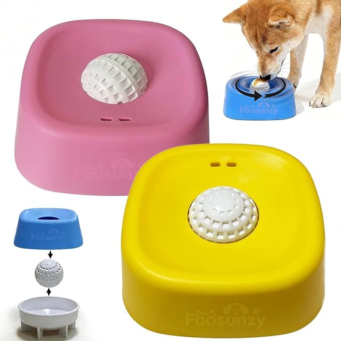 Slow Feeder Dog Bowls for Liquid with Rolling Ball, Interactive Lick Bowl Licking Slow Feeder for Wet Food, Water & Treats Lick Toy for Dogs Cats Large Medium Small (Style1-Yellow+Pink)