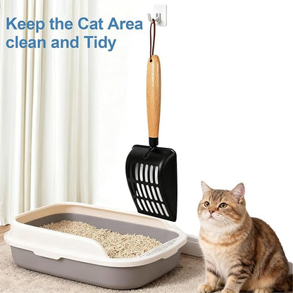 Cat Litter Scoop, Metal Litter Scoop, Heavy Duty Metal Cat Scooper for Litter Box, Black Sifter Scoop for Pellets, Wooden Handle Scoop with Hole, Kitty Necessity (Long)