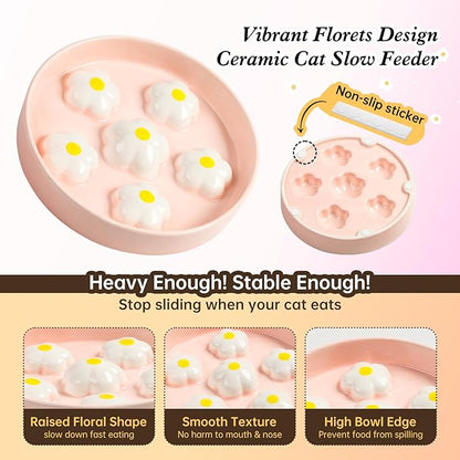 Ceramic Cat Slow Feeder Bowl - 6 OZ Puzzle Food Dish for Healthy Eating - Shallow Wide Whisker Friendly - Dishwasher Safe - 6.3''W x 1.2''H - 6 OZ - White Flowers