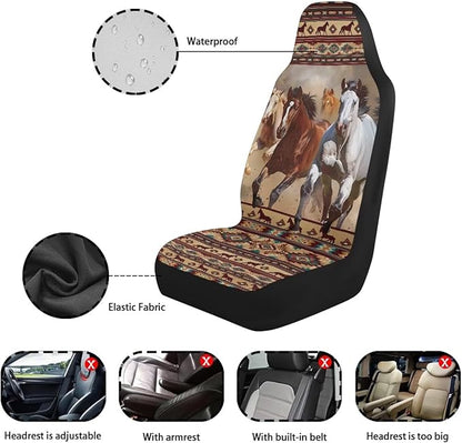 Car Seat Covers Waterproof Western Horse Aztec Front Seat Covers 2 PCS Removable Automotive Interior Accessories for Women Men Universal Fit Most Cars,SUV, Trucks