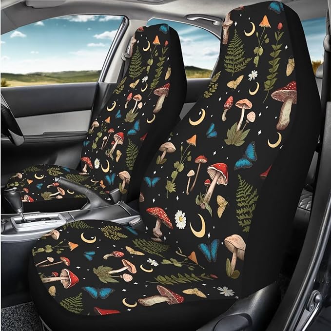 Mushroom Daisy Print Car Seat Covers Front Seats Only Set for Women Men, Easy Install Clean Universal Car Interior Covers Seat Protectors