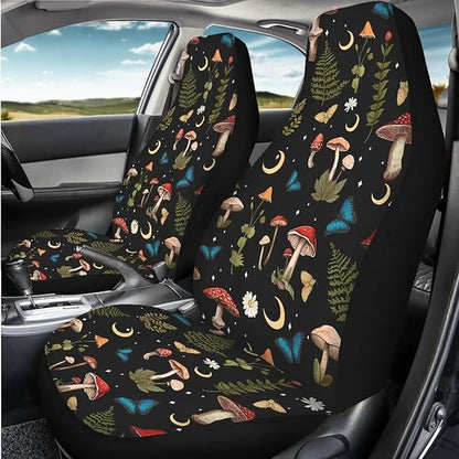 Mushroom Daisy Print Car Seat Covers Front Seats Only Set for Women Men, Easy Install Clean Universal Car Interior Covers Seat Protectors