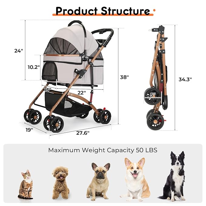 3-in-1 Foldable Pet Stroller for Medium Dogs & Cats up to 50lbs – Detachable Carrier & Car Seat with Storage Basket, 5” Lockable Wheels – All-Terrain Design for Jogging, Walking, and Travel (Grey)