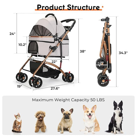 3-in-1 Foldable Pet Stroller for Medium Dogs & Cats up to 50lbs – Detachable Carrier & Car Seat with Storage Basket, 5” Lockable Wheels – All-Terrain Design for Jogging, Walking, and Travel (Grey)