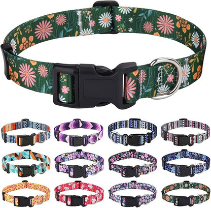 Dog Collar with Bohemia Floral Tribal Geometric Patterns - Soft Ethnic Style Collar Adjustable for Small Medium Large Dogs(Dark Green Flower,L)
