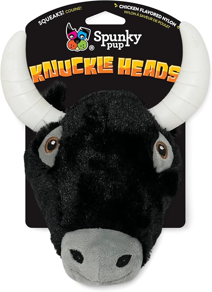 Spunky pup Knucklehead Durable Dog Toy - 2-in-1 Plush & Chew Toy for Aggressive Chewers, Chicken-Flavored Dental Chew, Durable Double-Stitched Squeaker- Bull
