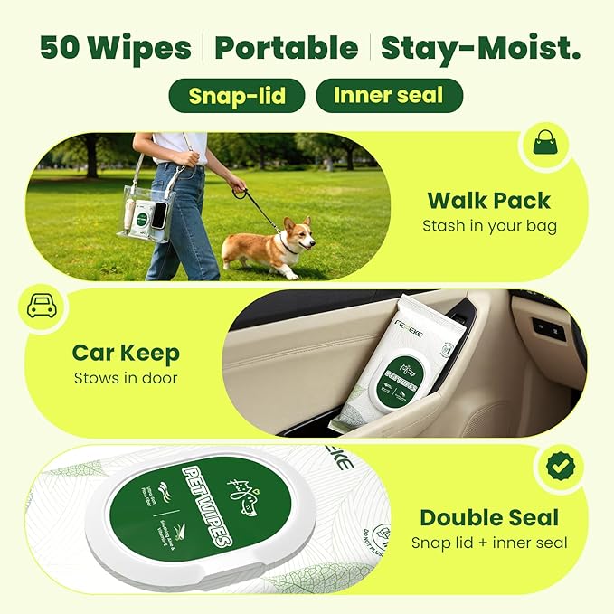 400 Count Unscented Dog Wipes & Cat Wipes (8x50 Packs) | Hypoallergenic, pH Balanced for Paws, Body, Face & Grooming |All-Natural Plant Fiber Wipes with Aloe, Coconut Oil & Vitamin E |Pearl Texture