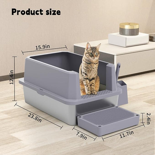 RIZZARI Open Cat Litter Box: Large Gray Stainless Steel Litter Pan 23.8" x 15.9" x 12.4" - High Sided Splash-Proof Easy Clean Toilet for Cats up to 20 lbs - Ideal for - Laundry Areas - Apartments