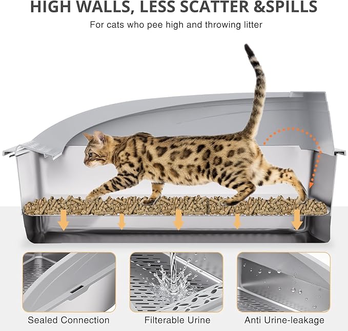 23.6"x15.7"x13.78" Stainless Steel Sifting Litter Box with Lid, XL Sifting Design for Pine Pellets, High Sides Metal Litter Box for Big Cats 7.9in Deep, Easy-to-Clean, Non-Stick