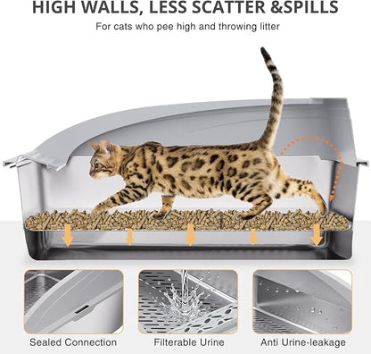 23.6"x15.7"x13.78" Stainless Steel Sifting Litter Box with Lid, XL Sifting Design for Pine Pellets, High Sides Metal Litter Box for Big Cats 7.9in Deep, Easy-to-Clean, Non-Stick