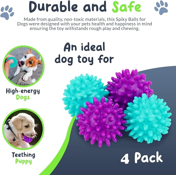 Spiky Dog Ball 1.8 Inch Squeaky Toy for Small Dogs Aggressive Chewers Puppy Teething Toys Dog Spike Ball for Training and Teeth Cleaning - 4 Pack