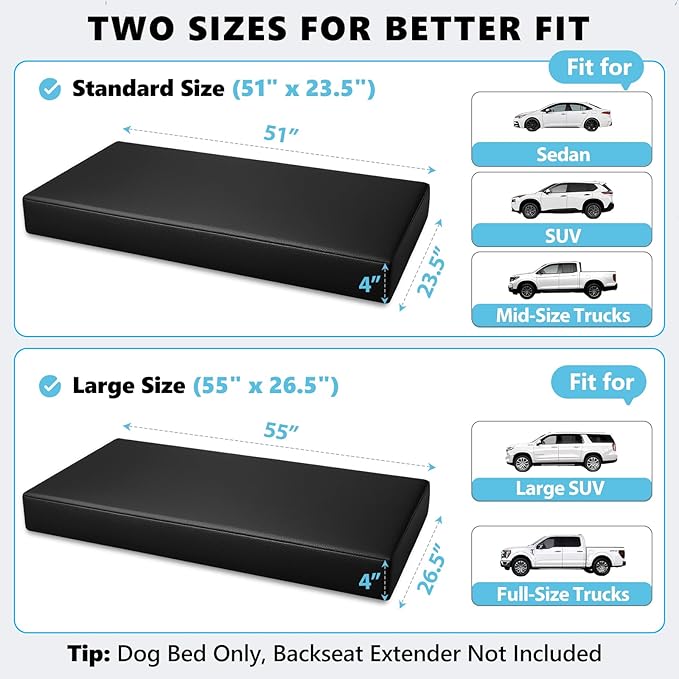Backseat Dog Bed, Dog Bed for Car Back Seat, 4in Thick PU Leather Pet Bed for Backseat Extender – Waterproof, Scratch-Proof, Non-Slip, Washable for Full-Size Trucks & Larger SUVs (55"x26.5", Black)