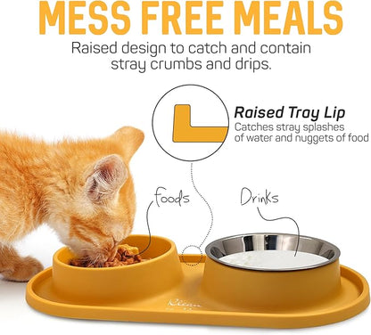 Pets Anti-Skid Dog Bowl Set - Removable Double Slow Feeder With Non-Skid Silicone Mat - Stainless Steel Water Bowl for Cats & Pets (Yellow)